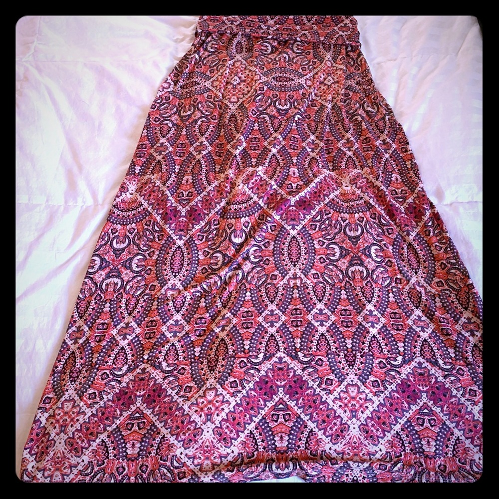 Aztec Maxi Skirt Foldover Waist-Salmon/Plum/Black